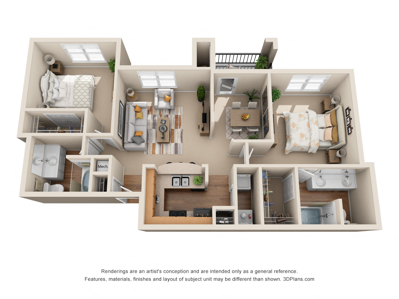Floor plan for 2 beds, 2 baths, 1125 sqft
